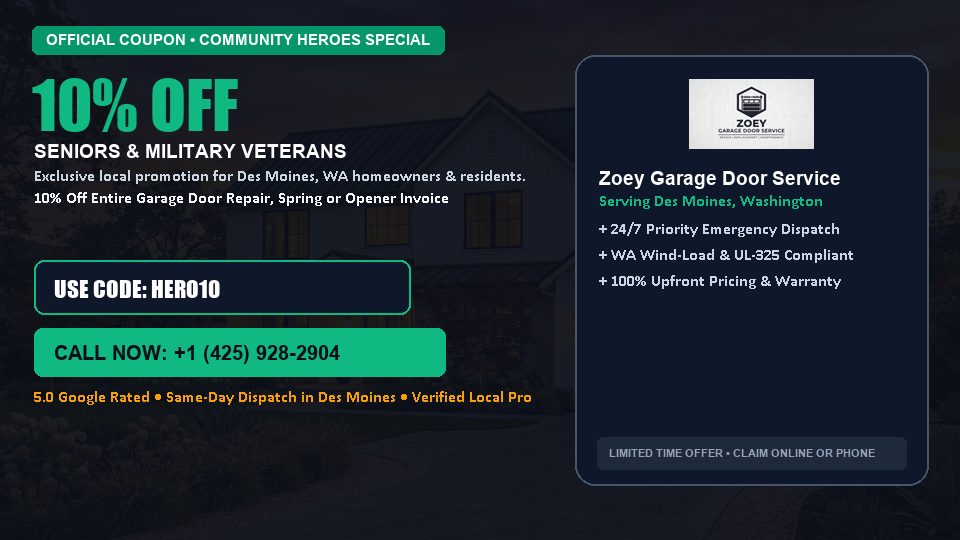 Zoey Garage Door Service 10% OFF Seniors & Military Veterans in Des Moines, WA